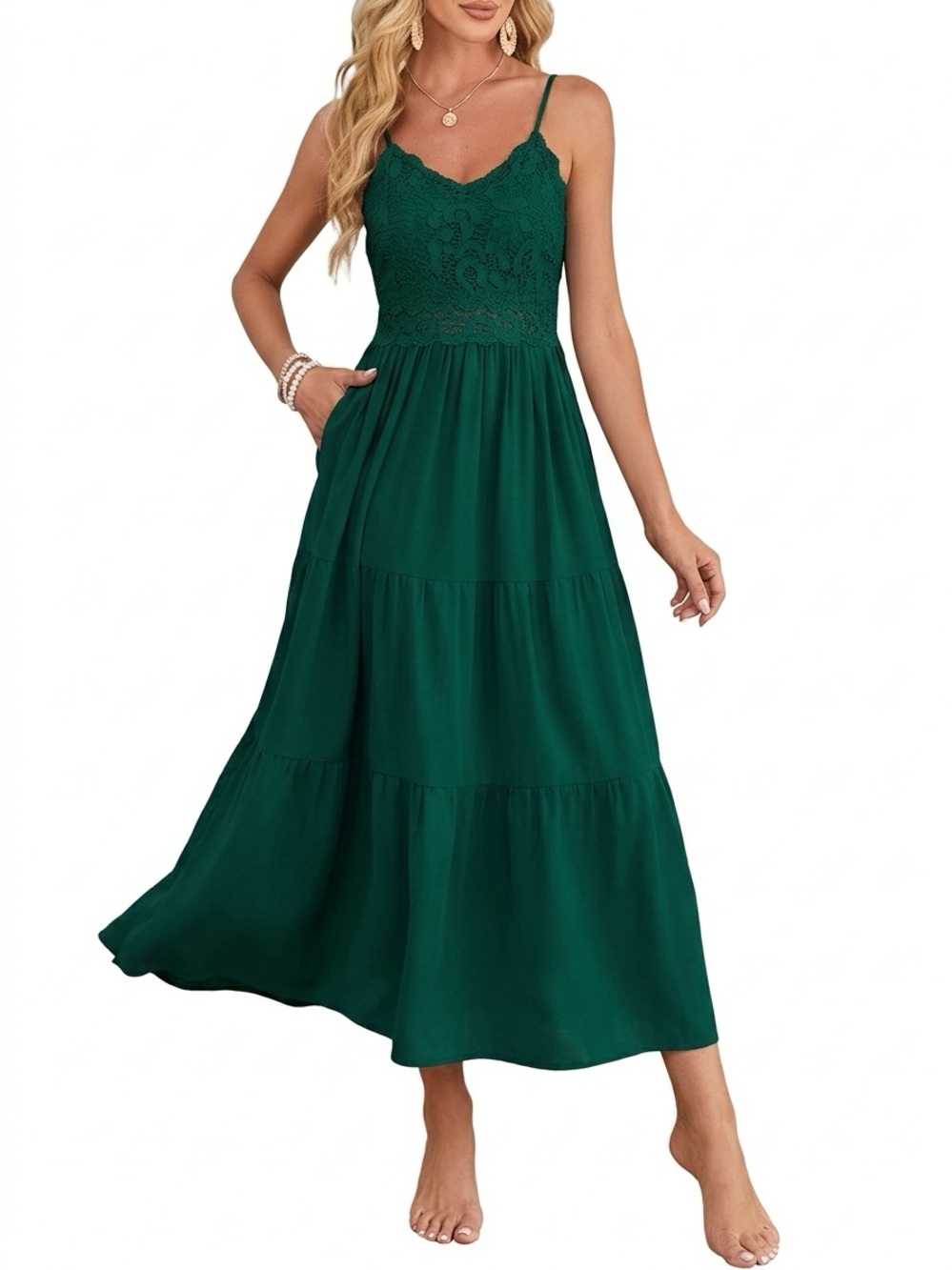 Lace Bodice Spaghetti Strap Maxi Dress in Deep Green